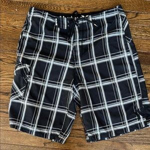 Hurley Black and White Plaid Men's Swim Shorts, Size 32